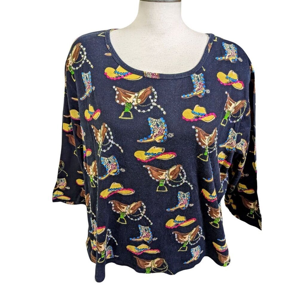 Vintage Y2K Western Sequin Cowgirl Graphic Top Tee Black XXL Collections ETC Fun